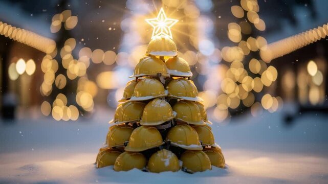 Creative Christmas tree made of yellow construction helmets with glowing star and winter snow lights