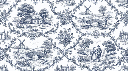 Charming blue and white seamless toile pattern with idyllic countryside scenes and floral motifs © Sigit