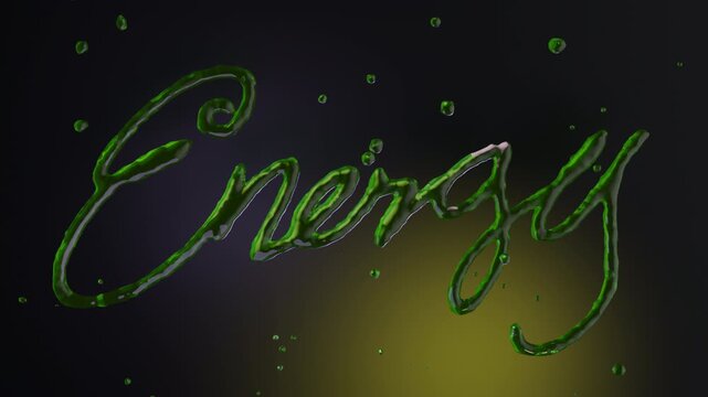 Energy drink liquid splash motion graphic, green and purple text animated typography, dark dramatic background. 3D illustrative animation with copy space for text.