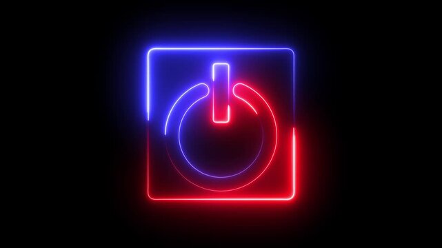  Glowing neon red and blue color power button icon animation technology shutdown screen turn on off button stop startup computer and mobile phone electric futuristic on black background