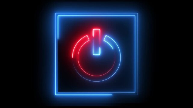  Glowing neon red and blue color power button icon animation technology shutdown screen turn on off button stop startup computer and mobile phone electric futuristic on black background