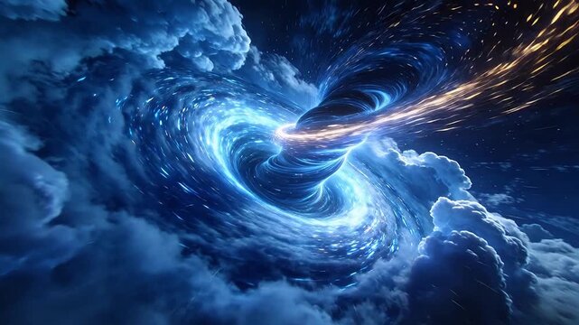 Giant swirling vortex with glowing ring and blue nebula in deep space