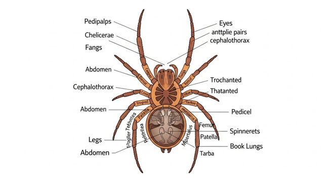 Detailed anatomical diagram of a spider with labels.
