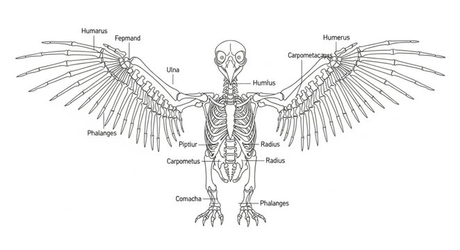 Detailed anatomical illustration of a bird skeleton with labels.