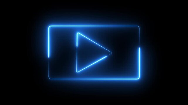 Glowing neon blue color play button icon animation music audio video media player icon on black background
