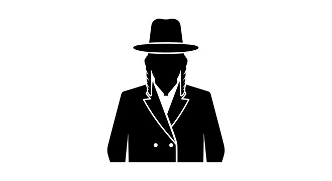 Minimalist Flat Icon Vector Silhouette of a Traditional Hasidic Orthodox Jewish Man Wearing a Classic Black Hat and Long Coat Isolated on a Clean White Background for Graphic Design