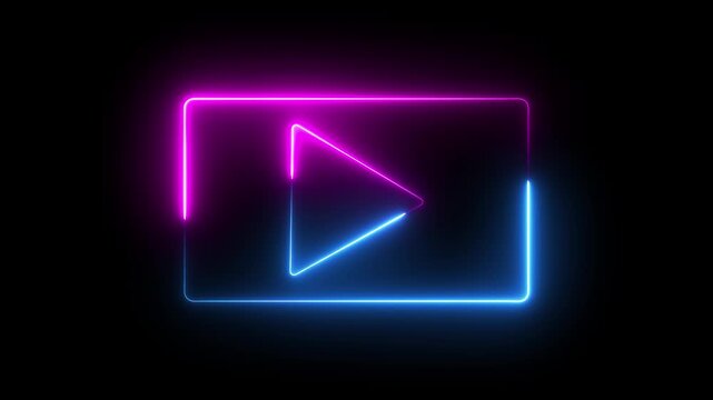 Glowing neon pink and blue color play button icon animation music audio video media player icon on black background