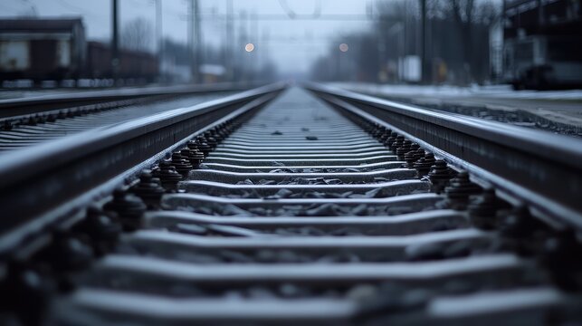Converging railway tracks vanishing in winter fog