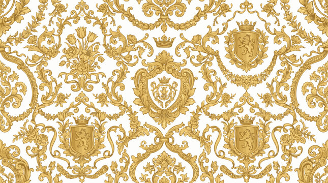 Luxurious seamless vector pattern design featuring intricate golden baroque and rococo ornaments, perfect for elegant backgrounds, fabric, and wallpaper