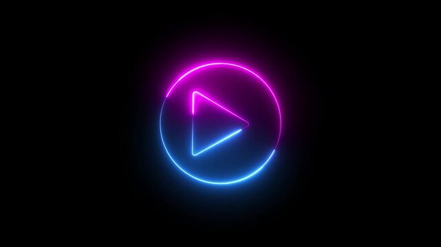 Glowing neon pink and blue color play button icon animation music audio video media player icon on black background