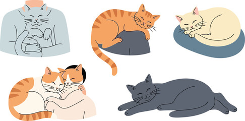 Fototapeta premium Cats in various resting positions are displayed as a collection of cute hand-drawn illustrations.