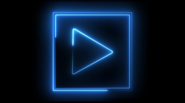 Glowing neon blue color play button icon animation music audio video media player icon on black background