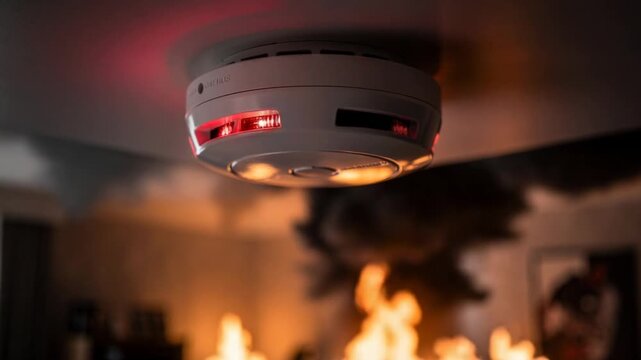 Smoke detector with red alarm light signaling fire emergency in home interior safety concept