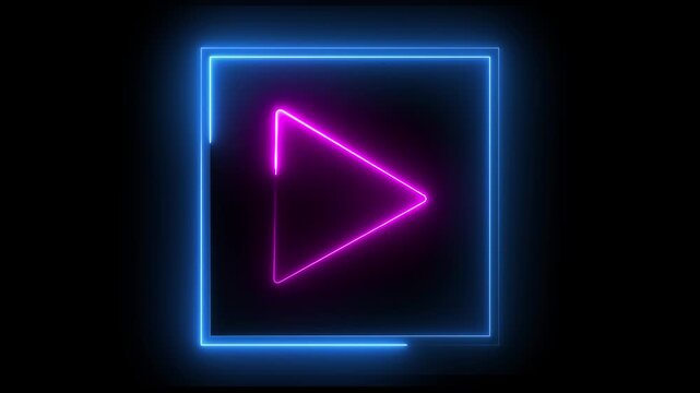 Glowing neon pink and blue color play button icon animation music audio video media player icon on black background