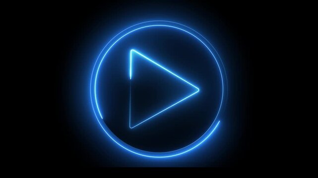 Glowing neon blue color play button icon animation music audio video media player icon on black background