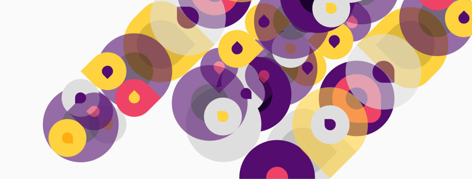 Abstract circles overlap, creating dynamic composition. Purple, gold hues dominate white background. Modern design element.