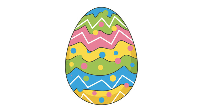 Hand-painted colorful Easter egg featuring vibrant zigzag patterns and playful spots, isolated on a clean white background, modern flat vector icon design for festive spring holiday celebration.