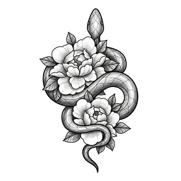 A snake wraps around two flowers with leaves in a detailed illustration.