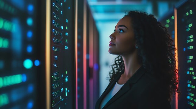 Woman in server room observing data patterns.