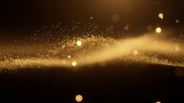 Golden particles glowing in dark background with bokeh light effect and sparkling dust wave