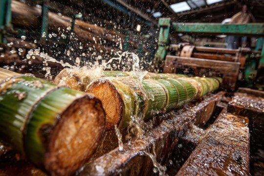 Fresh sugarcane processing with water splash
