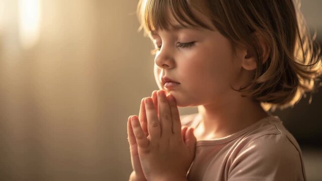 Peaceful young child praying with closed eyes in warm sunlight for faith and hope