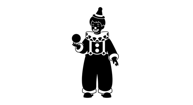 Minimalist black silhouette of a cheerful circus clown boy performer with classic oversized clothing and conical hat, isolated on white background, modern flat vector graphic icon.