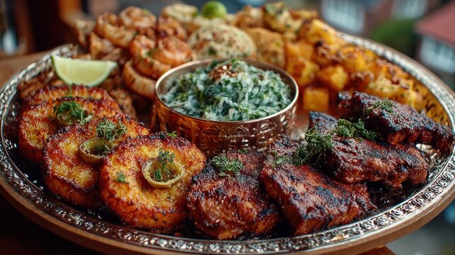 A silver platter overflows with diverse, cooked savory delights