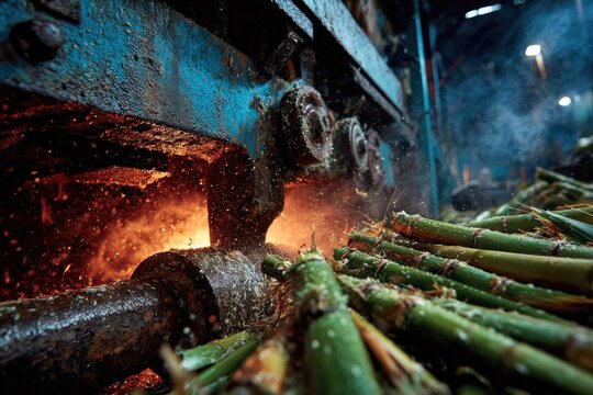 Industrial sugarcane processing with crushing machinery