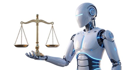 Fototapeta premium Robot holding a golden vintage balance scale symbolizes the intersection of artificial intelligence and objective law.