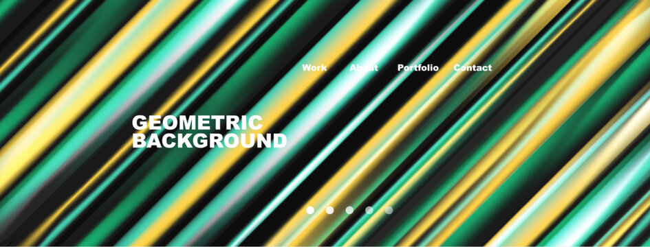 Abstract geometric background features vibrant stripes. Text displays work, about, portfolio, contact options. Modern design elements present.
