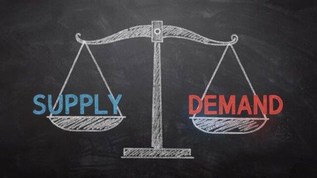 Chalkboard illustration of supply and demand concept with balanced scale in blue and red text