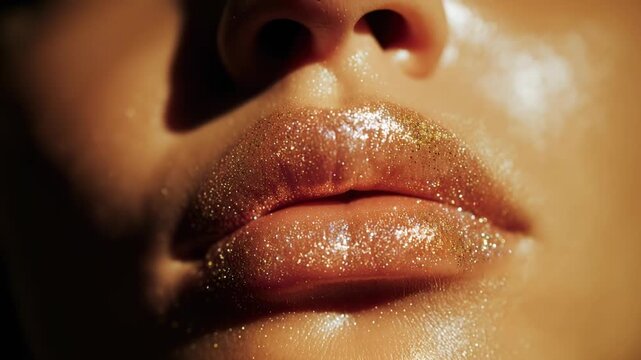 a close-up of the lips is shown, on which lip gloss is applied using an applicator. The lips have a golden, shimmering hue.