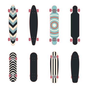 A longboard set. Colored flat illustration. White background.