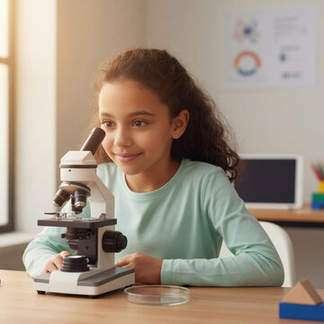 Curious girl using a microscope for science