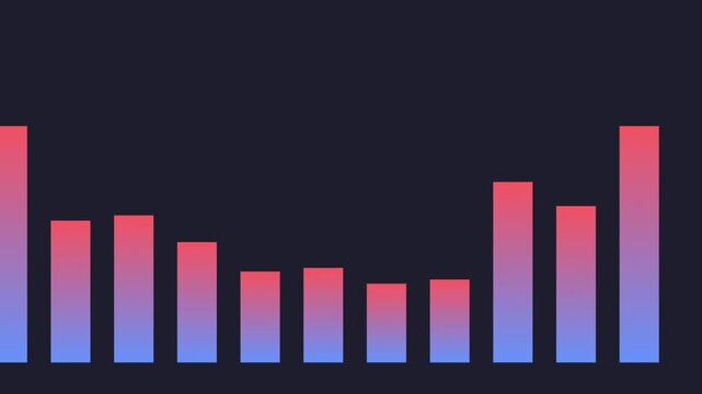 Abstract audio spectrum visualizer, digital sound wave bars with red and blue gradient, electronic music equalizer animation on dark background