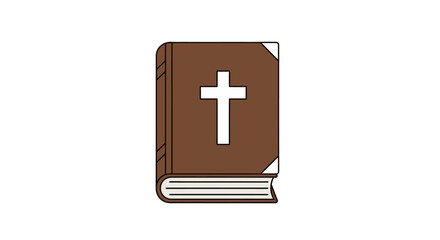 Fototapeta premium Vintage brown leather bound religious book with gold cross icon isolated on white background flat vector design for christianity faith spirituality and sacred worship literature