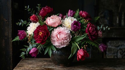 Obraz premium Elegant Floral Arrangement: Peonies, Tulips, and Ferns in Dark Vase