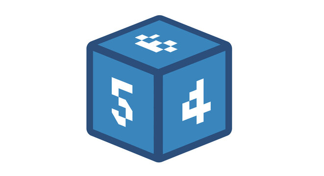 Vector illustration of a blue pixelated gaming die with white numbers, isolated on a plain background, designed as a digital flat icon representing luck, gambling, and tabletop board games.