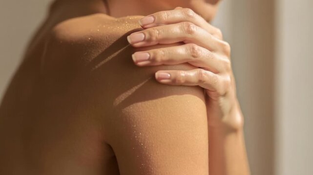 Close up of woman touching her glowing healthy skin on shoulder with natural light
