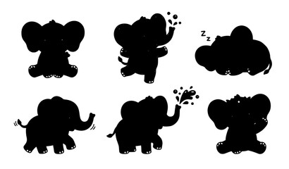 Fototapeta premium Cute cartoon baby elephant vector set with playful poses for nursery and kids design isolated on white background