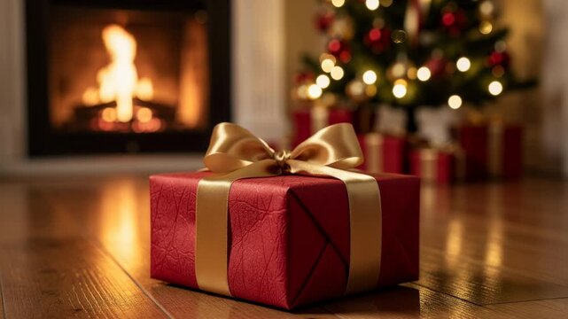 Cozy Christmas gift wrapped in red paper with gold ribbon near fireplace and decorated tree