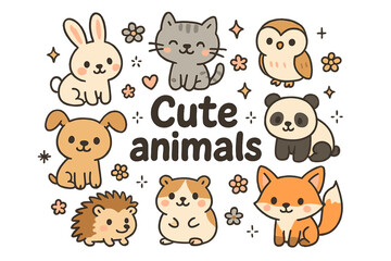 Obraz premium Adorable Animal Doodles. Cute animals. Hand-drawn doodle illustration of Cute animals. Bunny, kitten, puppy,