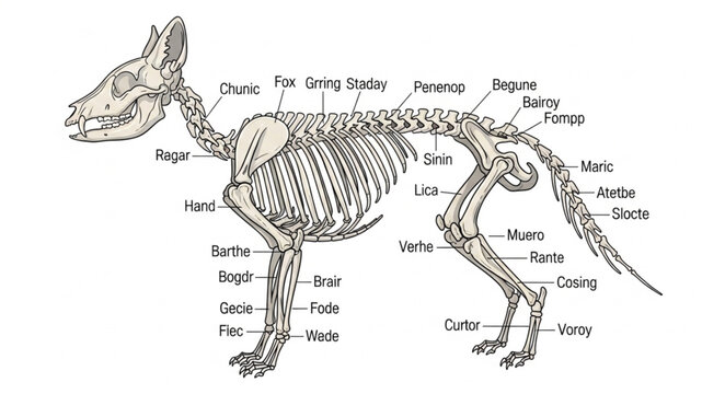Detailed anatomical illustration of a dog skeleton with labels.