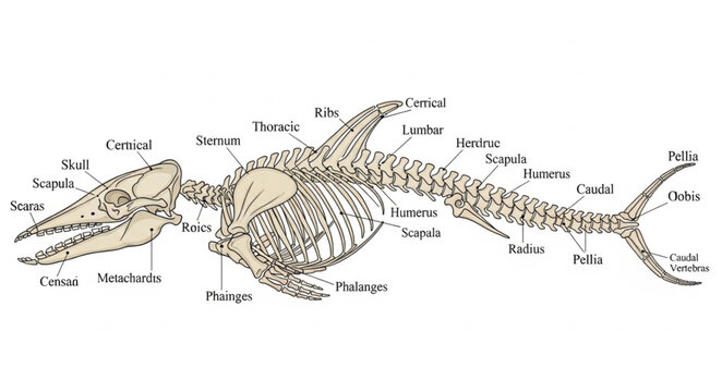 Detailed anatomical illustration of a dolphin skeleton.