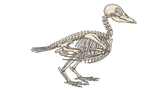 Detailed anatomical illustration of a duck skeleton side view.