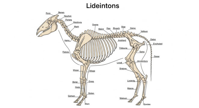 Detailed anatomical illustration of a horse skeleton with labels.