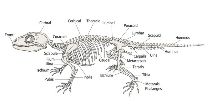 Detailed anatomical illustration of a lizard skeleton with labels.