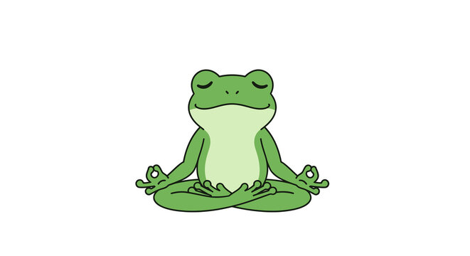 Cute cartoon green frog practicing yoga pose and meditation, peaceful amphibian character in Zen mindfulness exercise, isolated on white background, flat vector illustration icon.