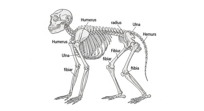 Detailed anatomical illustration of a monkey skeleton with labels.